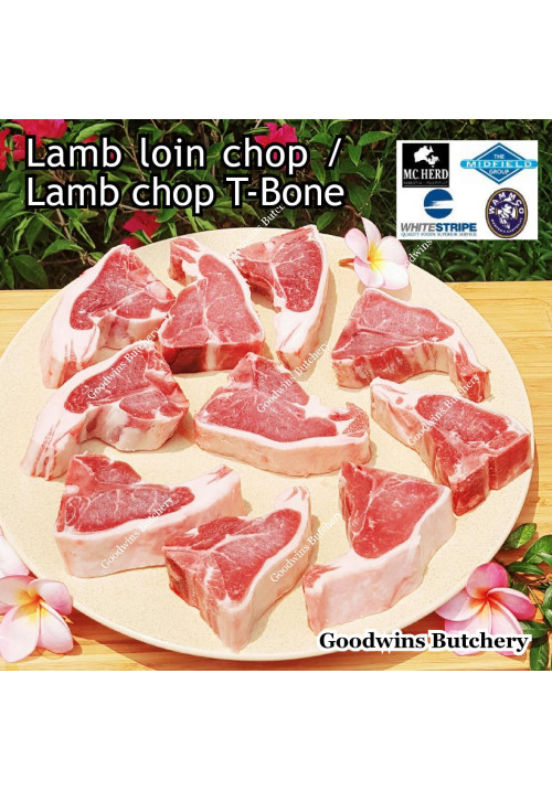 Lamb CHOP LOIN CHOPS / LAMB T BONE (cut from lamb shortloin) frozen 1 & 3/4" price/pack 700gr (brand Australia Wammco / WhiteStripe)